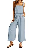 AUTOMET Womens 2 Piece Outfits Matching Sets Summer Casual Linen Crop Top Wide Leg Pants Tracksuits with Pockets Fashion Clothes
