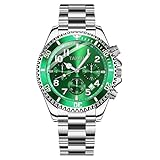 Taxau Men's Silver Watches Fashion Multifunction Arabic Numerals Analog Mens Chronograph Watches with Date Classic Waterproof Sports Luminous Stainless Steel Mens Dress Watches Green Face
