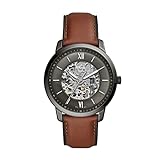Fossil Men's Neutra Automatic Stainless Steel and Leather Three-Hand Skeleton Watch, Color: Smoke, Amber (Model: ME3161)