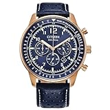 Citizen Men's Eco-Drive Weekender Sport Casual Chronograph Rose Gold Stainless Steel Watch with Blue Leather Strap, Blue Dial (Model: CA4503-00L)