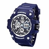 PINDOWS Watch for Men, Military Digital Analog Watch with LED Backlight Lighting,Outdoor Sports Electronic Watch Date Multi Function Alarm Stopwatch, 50M Waterproof Men Wrist Watch 12H/24H Display.