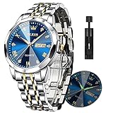 OLEVS Watch Men Stainless Steel Mens Gold and Silver Watch Luxury Diamond Watches for Men Waterproof Men's Watch Blue Dial with Date Mens Business Dress Watch