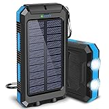 Solar Charger, 20000mAh Portable Outdoor Waterproof Solar Power Bank, Camping External Backup Battery Pack Dual 5V USB Ports Output, 2 Led Light Flashlight with Compass (Blue)
