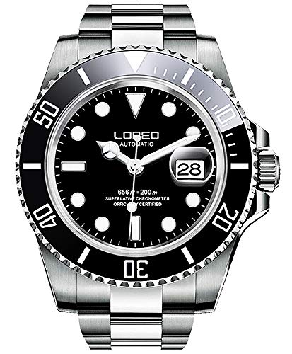 LOREO Men’s Silver Stainless Steel Sapphire Glass Black Rotating Bezel Men's Automatic Watch
