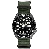 SEIKO SRPD91 Watch for Men - 5 Sports - Automatic with Manual Winding Movement, Black Dial with Black Bezel, Black Ion Stainless Steel Case, Green Nylon Strap, and Day/Date Display